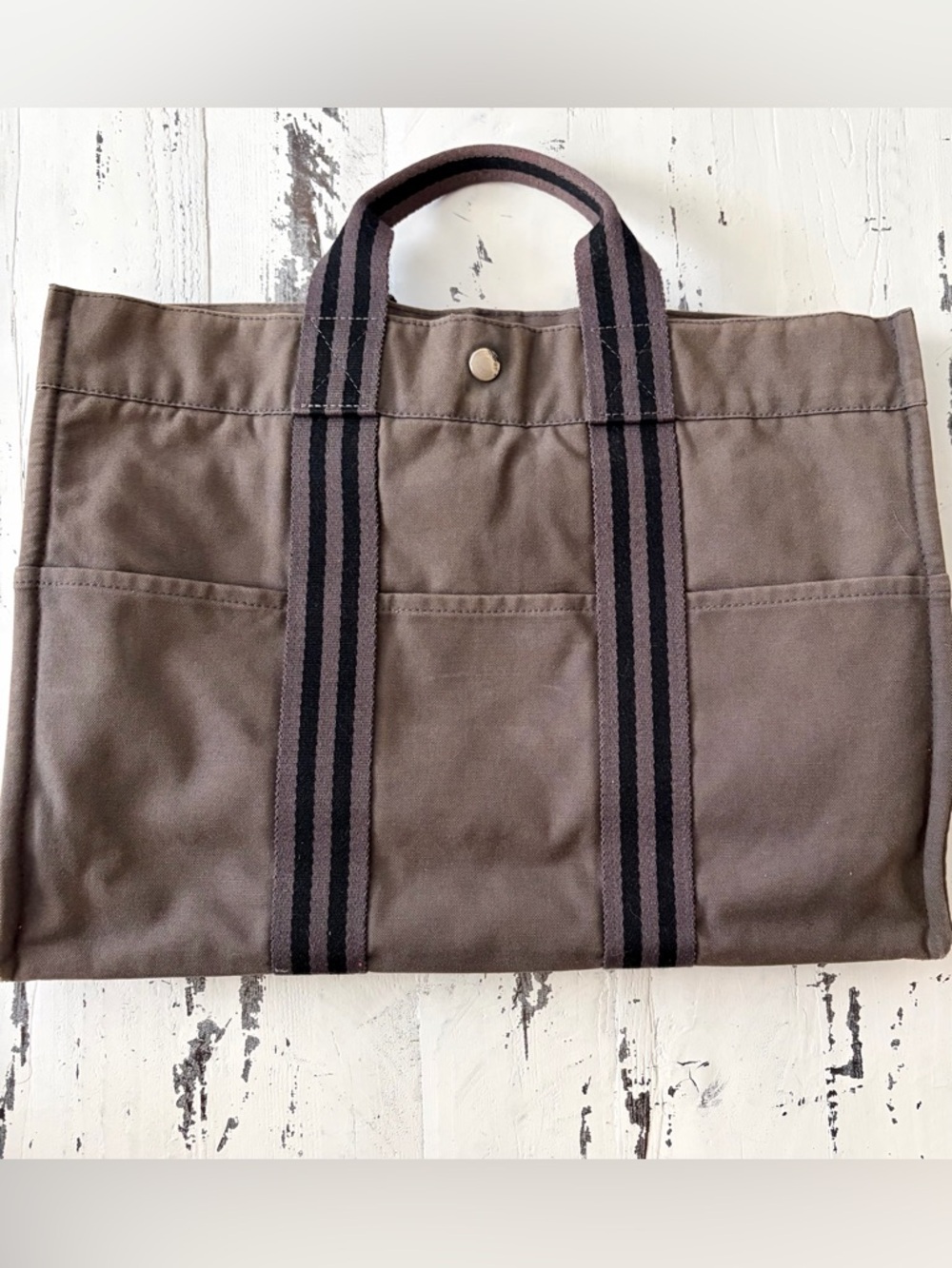 Hermes Gray Canvas Tote with Black Striped Handles